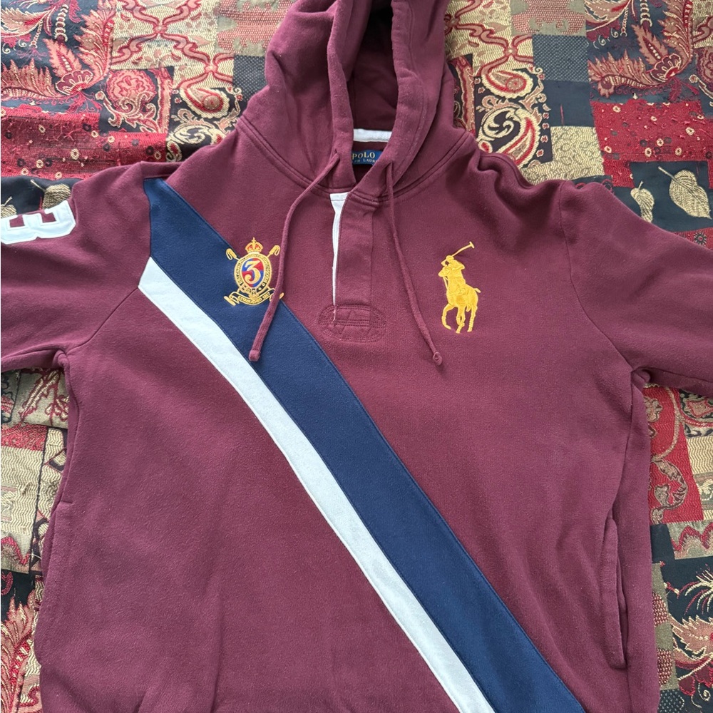 Polo Ralph Lauren Big Pony #3 Striped Burgundy Quarter Button Pullover Hoodie - Picture 2 of 7
